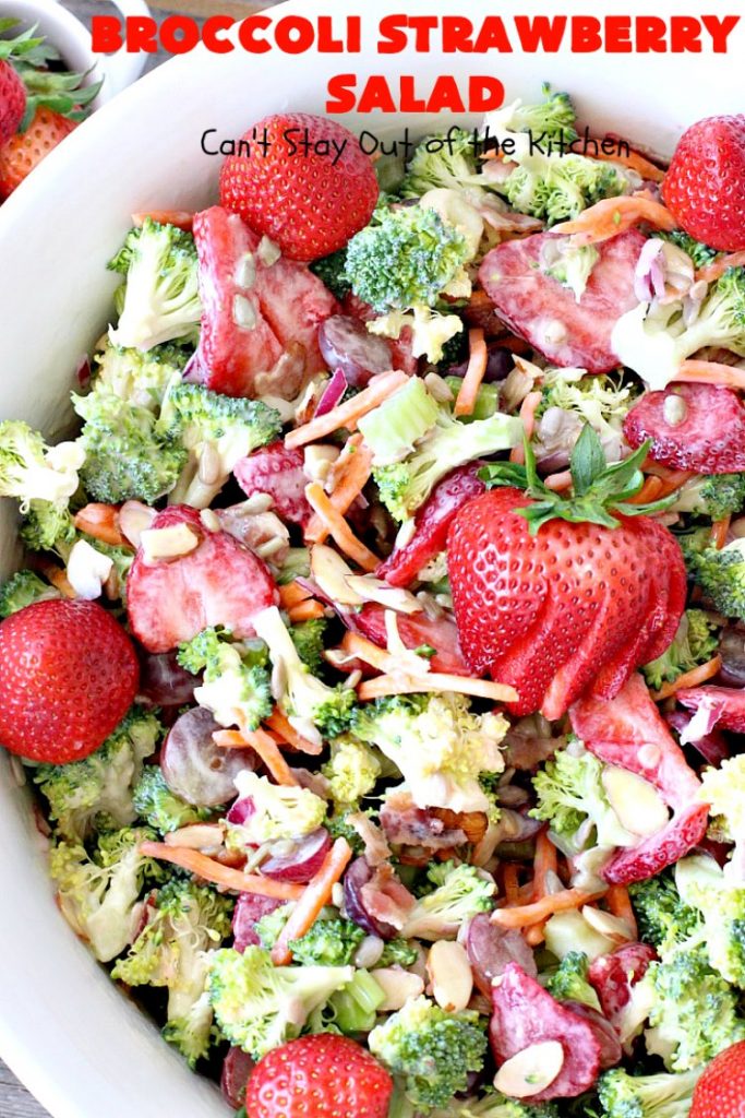 Broccoli Strawberry Salad | Can't Stay Out of the Kitchen | this delicious #broccoli #salad is perfect for #Thanksgiving or #Christmas menus. It's also healthy, #glutenfree & uses uncured, nitrate-free #bacon to give it some punch! #strawberries #grapes