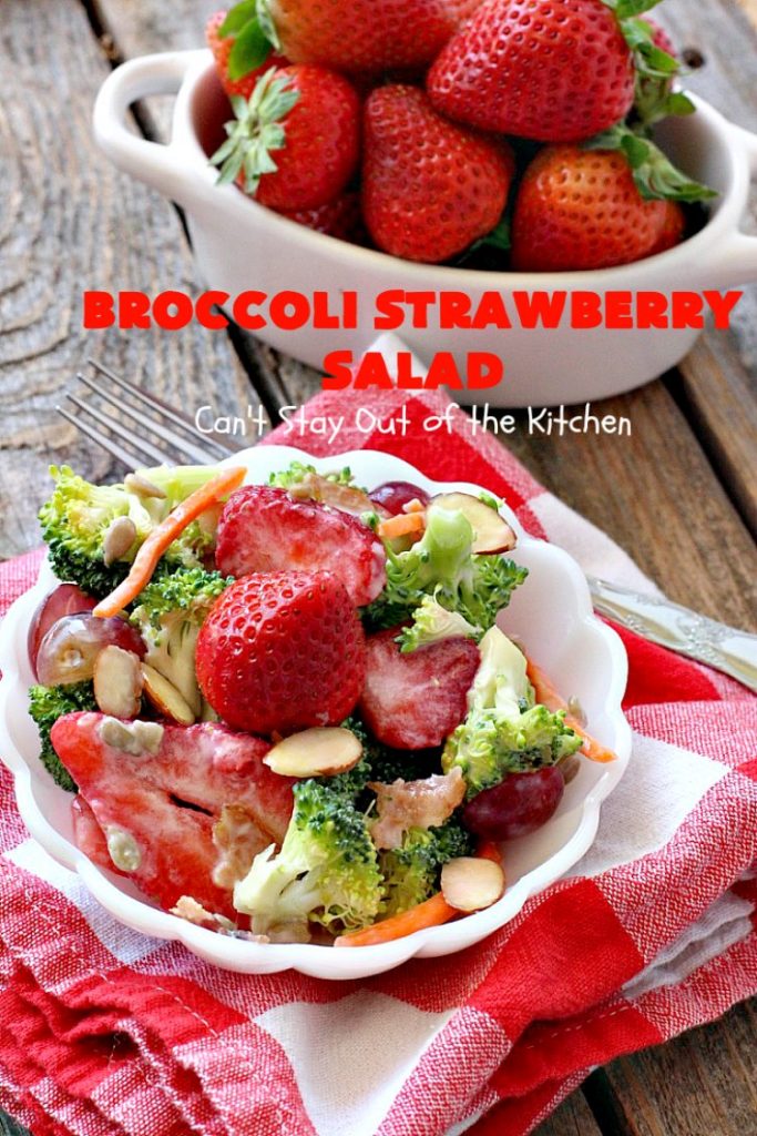 Broccoli Strawberry Salad | Can't Stay Out of the Kitchen | this delicious #broccoli #salad is perfect for #Thanksgiving or #Christmas menus. It's also healthy, #glutenfree & uses uncured, nitrate-free #bacon to give it some punch! #strawberries #grapes