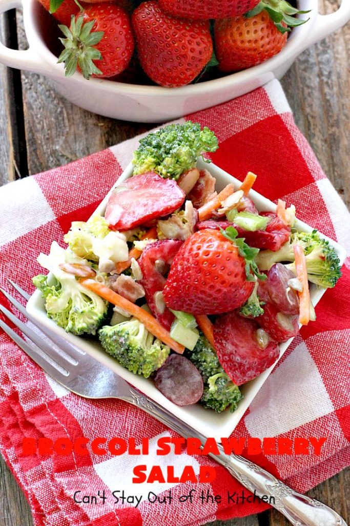 Broccoli Strawberry Salad | Can't Stay Out of the Kitchen | this delicious #broccoli #salad is perfect for #Thanksgiving or #Christmas menus. It's also healthy, #glutenfree & uses uncured, nitrate-free #bacon to give it some punch! #strawberries #grapes