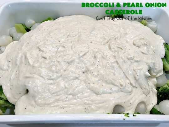 Broccoli and Pearl Onion Casserole | Can't Stay Out of the Kitchen | this sumptuous #broccoli #casserole is terrific for #holidays like #Thanksgiving or #Christmas. It's filled with 2 cheeses and is absolutely irresistible. #broccolicasserole #pearlonions #cheese #sidedish #holidaysidedish