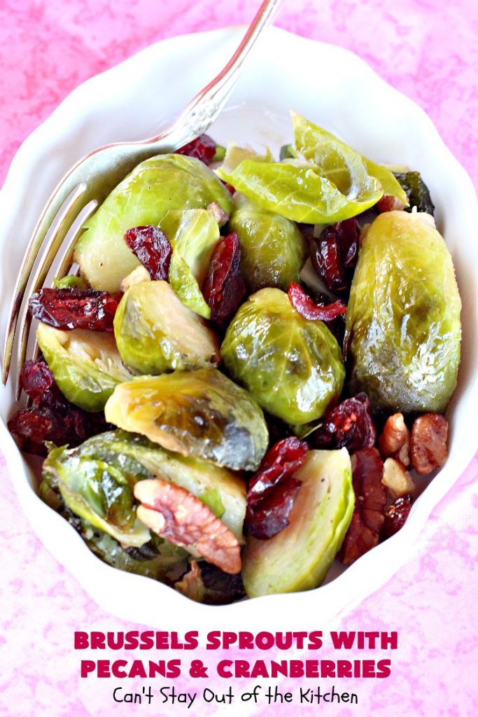 Brussels Sprouts with Pecans and Cranberries | Can't Stay Out of the Kitchen | this spectacular side dish is perfect for #FathersDay & other #holiday menus. It's crunchy and delicious without being bitter. #brusselssprouts #craisins #glutenfree #vegan