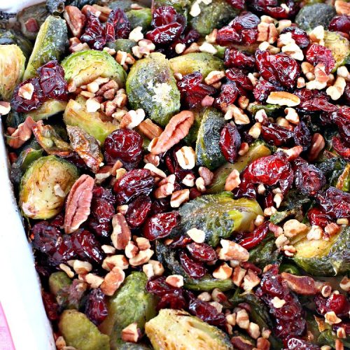 Brussels Sprouts with Pecans and Cranberries | Can't Stay Out of the Kitchen | this spectacular side dish is perfect for #FathersDay & other #holiday menus. It's crunchy and delicious without being bitter. #brusselssprouts #craisins #glutenfree #vegan