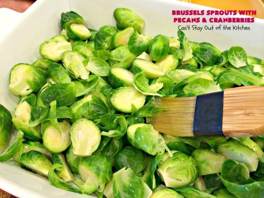 Brussels Sprouts with Pecans and Cranberries | Can't Stay Out of the Kitchen | this spectacular side dish is perfect for #FathersDay & other #holiday menus. It's crunchy and delicious without being bitter. #brusselssprouts #craisins #glutenfree #vegan