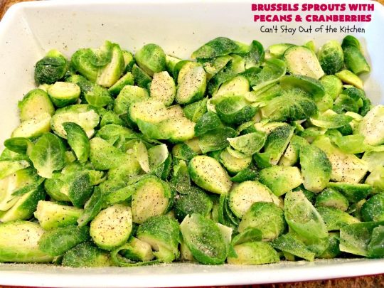 Brussels Sprouts with Pecans and Cranberries | Can't Stay Out of the Kitchen | this spectacular side dish is perfect for #FathersDay & other #holiday menus. It's crunchy and delicious without being bitter. #brusselssprouts #craisins #glutenfree #vegan