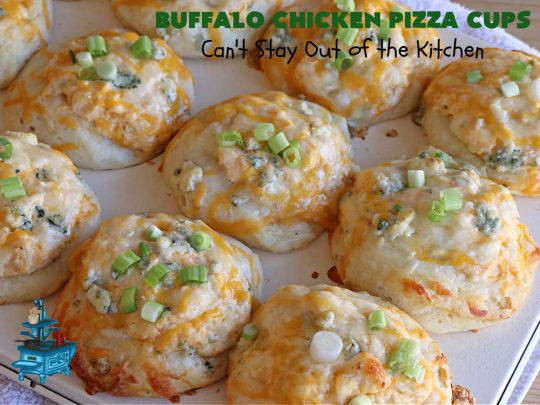 Buffalo Chicken Pizza Cups | Can't Stay Out of the Kitchen | these scrumptious miniature #pizzas include #BuffaloChickenDip in the centers & they're topped with 3 #cheeses including #mozzarella, #TacoCheese & #BlueCheese crumbles. Sensational #appetizer for #holidays, #tailgating parties, potlucks or the #SuperBowl. #BuffaloChicken #chicken #BuffaloChickenPizzaCups