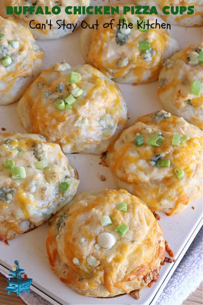 Buffalo Chicken Pizza Cups | Can't Stay Out of the Kitchen | these scrumptious miniature #pizzas include #BuffaloChickenDip in the centers & they're topped with 3 #cheeses including #mozzarella, #TacoCheese & #BlueCheese crumbles. Sensational #appetizer for #holidays, #tailgating parties, potlucks or the #SuperBowl. #BuffaloChicken #chicken #BuffaloChickenPizzaCups