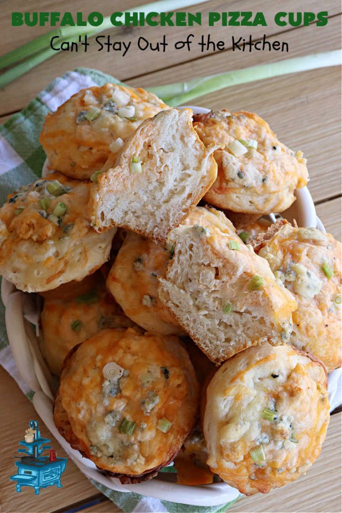 Buffalo Chicken Pizza Cups | Can't Stay Out of the Kitchen | these scrumptious miniature #pizzas include #BuffaloChickenDip in the centers & they're topped with 3 #cheeses including #mozzarella, #TacoCheese & #BlueCheese crumbles. Sensational #appetizer for #holidays, #tailgating parties, potlucks or the #SuperBowl. #BuffaloChicken #chicken #BuffaloChickenPizzaCups