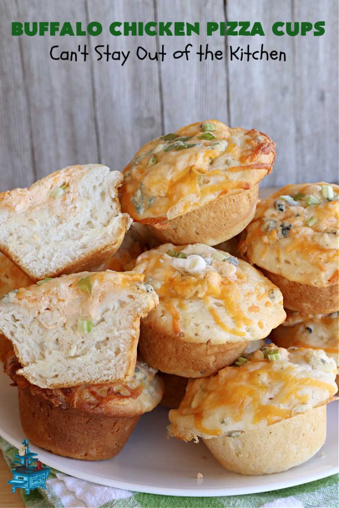 Buffalo Chicken Pizza Cups | Can't Stay Out of the Kitchen | these scrumptious miniature #pizzas include #BuffaloChickenDip in the centers & they're topped with 3 #cheeses including #mozzarella, #TacoCheese & #BlueCheese crumbles. Sensational #appetizer for #holidays, #tailgating parties, potlucks or the #SuperBowl. #BuffaloChicken #chicken #BuffaloChickenPizzaCups