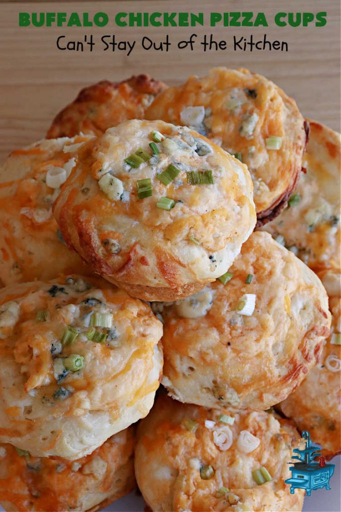 Buffalo Chicken Pizza Cups | Can't Stay Out of the Kitchen | these scrumptious miniature #pizzas include #BuffaloChickenDip in the centers & they're topped with 3 #cheeses including #mozzarella, #TacoCheese & #BlueCheese crumbles. Sensational #appetizer for #holidays, #tailgating parties, potlucks or the #SuperBowl. #BuffaloChicken #chicken #BuffaloChickenPizzaCups