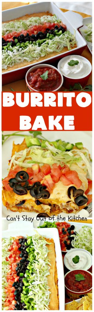 Burrito Bake | Can't Stay Out of the Kitchen | this incredibly easy #TexMex entree is layered with #crescentrolls, a #beef & #refriedbeans mixture, two cheeses & topped with olives, tomatoes & lettuce. It's served with #salsa & #guacamole for a fabulous one-dish meal that's perfect for weeknight suppers or company dinners.