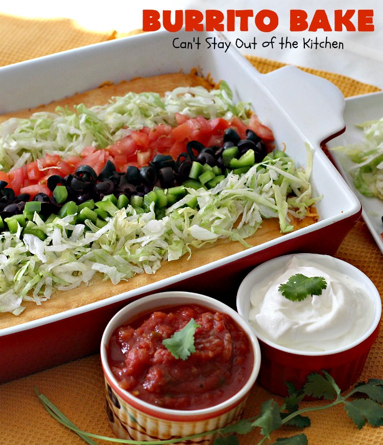 Burrito Bake | Can't Stay Out of the Kitchen | this incredibly easy #TexMex entree is layered with #crescentrolls, a #beef & #refriedbeans mixture, two cheeses & topped with olives, tomatoes & lettuce. It's served with #salsa & #guacamole for a fabulous one-dish meal that's perfect for weeknight suppers or company dinners.