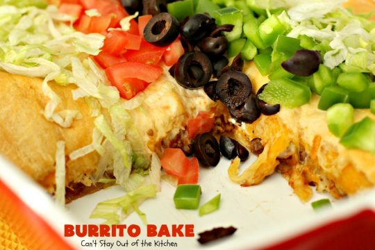 Burrito Bake | Can't Stay Out of the Kitchen | this incredibly easy #TexMex entree is layered with #crescentrolls, a #beef & #refriedbeans mixture, two cheeses & topped with olives, tomatoes & lettuce. It's served with #salsa & #guacamole for a fabulous one-dish meal that's perfect for weeknight suppers or company dinners.