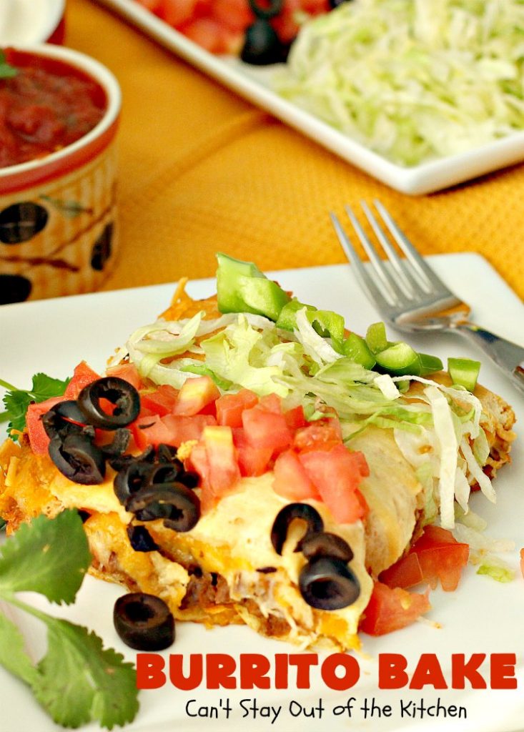 Burrito Bake | Can't Stay Out of the Kitchen | this incredibly easy #TexMex entree is layered with #crescentrolls, a #beef & #refriedbeans mixture, two cheeses & topped with olives, tomatoes & lettuce. It's served with #salsa & #guacamole for a fabulous one-dish meal that's perfect for weeknight suppers or company dinners.