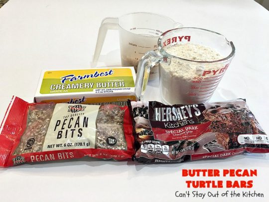 Butter Pecan Turtle Bars | These amazing layered #cookies have a shortbread crust. They're topped with #pecans & a homemade #caramel layer. Then they're covered with #chocolatechips while hot. That layer is spread into a delicious #chocolate icing. Perfect for #tailgating parties, soccer games, backyard barbecues, baby showers or potlucks. #ChocolateDessert #ButterPecanDessert #TurtleDessert #TurtleBars