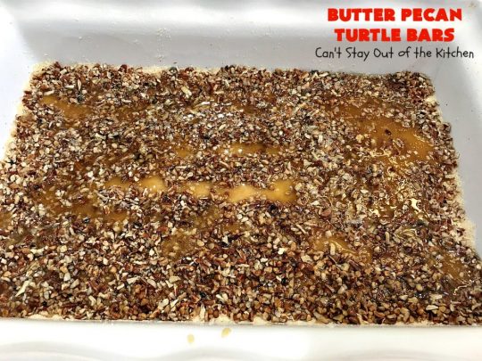 Butter Pecan Turtle Bars | These amazing layered #cookies have a shortbread crust. They're topped with #pecans & a homemade #caramel layer. Then they're covered with #chocolatechips while hot. That layer is spread into a delicious #chocolate icing. Perfect for #tailgating parties, soccer games, backyard barbecues, baby showers or potlucks. #ChocolateDessert #ButterPecanDessert #TurtleDessert #TurtleBars