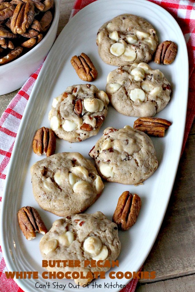 Butter Pecan White Chocolate Cookies | Can't Stay Out of the Kitchen | these delicious #cookies are irresistible. They start with a #ButterPecan #CakeMix & only use 5 ingredients. They will cure any sweet tooth craving you have! Terrific for #tailgating, potlucks & grilling out with friends. #dessert #chocolate #Southern #WhiteChocolateChips #ButterPecanWhiteChocolateCookies #ButterPecanDessert #ChocolateDessert #WhiteChocolateDessert #holiday #baking
