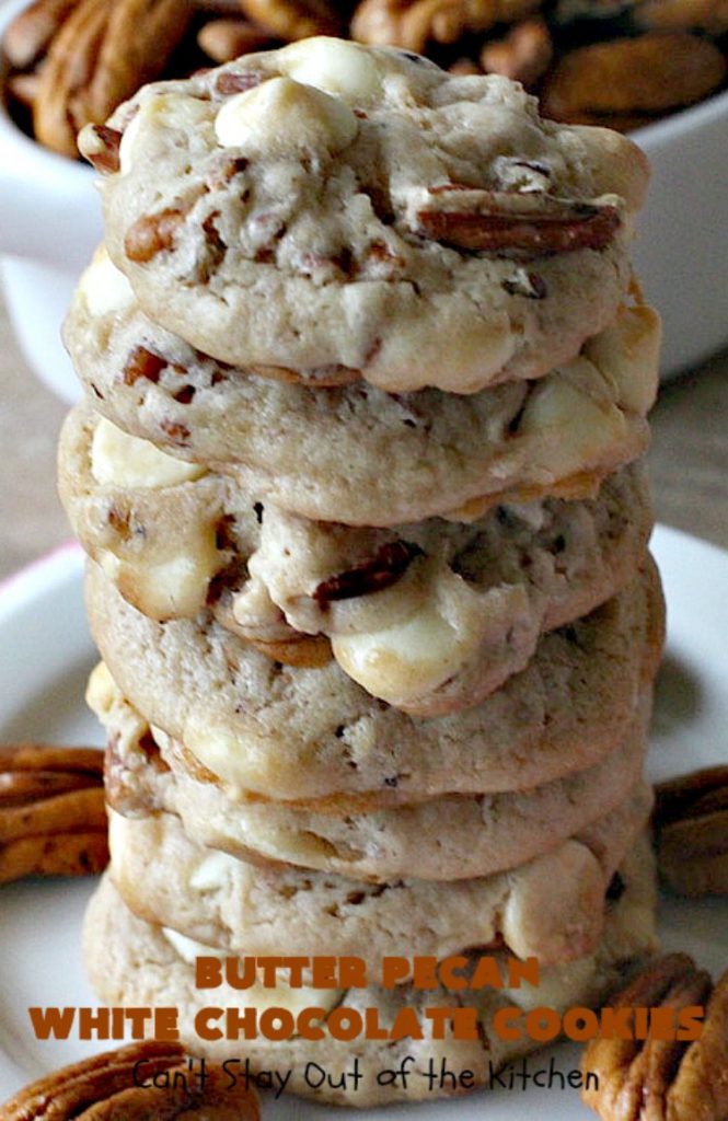 Butter Pecan White Chocolate Cookies | Can't Stay Out of the Kitchen | these delicious #cookies are irresistible. They start with a #ButterPecan #CakeMix & only use 5 ingredients. They will cure any sweet tooth craving you have! Terrific for #tailgating, potlucks & grilling out with friends. #dessert #chocolate #Southern #WhiteChocolateChips #ButterPecanWhiteChocolateCookies #ButterPecanDessert #ChocolateDessert #WhiteChocolateDessert #holiday #baking