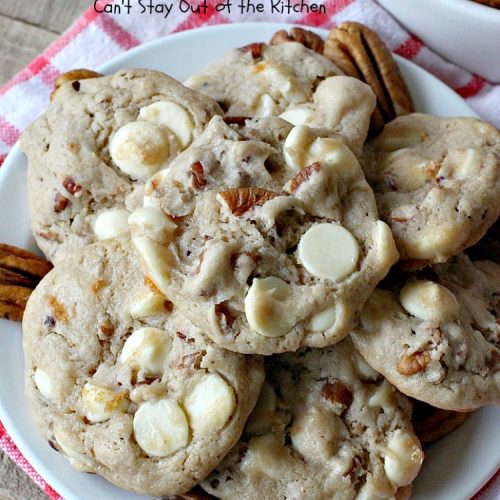 Butter Pecan White Chocolate Cookies | Can't Stay Out of the Kitchen | these delicious #cookies are irresistible. They start with a #ButterPecan #CakeMix & only use 5 ingredients. They will cure any sweet tooth craving you have! Terrific for #tailgating, potlucks & grilling out with friends. #dessert #chocolate #Southern #WhiteChocolateChips #ButterPecanWhiteChocolateCookies #ButterPecanDessert #ChocolateDessert #WhiteChocolateDessert #holiday #baking