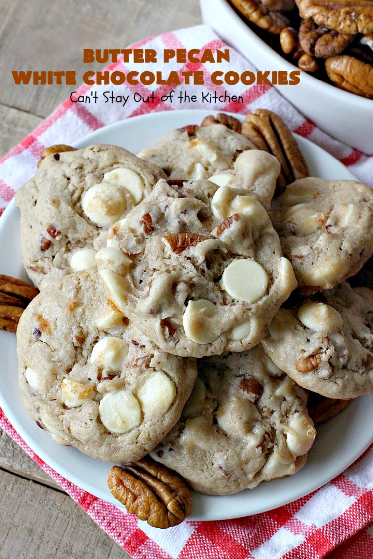 Butter Pecan White Chocolate Cookies | Can't Stay Out of the Kitchen | these delicious #cookies are irresistible. They start with a #ButterPecan #CakeMix & only use 5 ingredients. They will cure any sweet tooth craving you have! Terrific for #tailgating, potlucks & grilling out with friends. #dessert #chocolate #Southern #WhiteChocolateChips #ButterPecanWhiteChocolateCookies #ButterPecanDessert #ChocolateDessert #WhiteChocolateDessert #holiday #baking