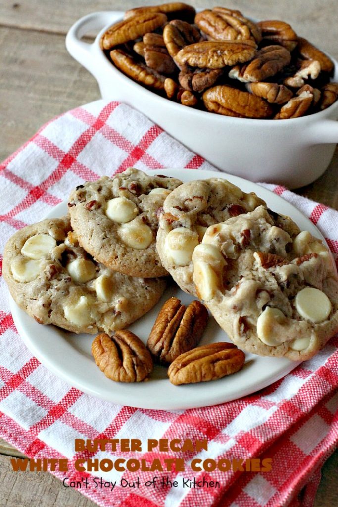 Butter Pecan White Chocolate Cookies | Can't Stay Out of the Kitchen | these delicious #cookies are irresistible. They start with a #ButterPecan #CakeMix & only use 5 ingredients. They will cure any sweet tooth craving you have! Terrific for #tailgating, potlucks & grilling out with friends. #dessert #chocolate #Southern #WhiteChocolateChips #ButterPecanWhiteChocolateCookies #ButterPecanDessert #ChocolateDessert #WhiteChocolateDessert #holiday #baking