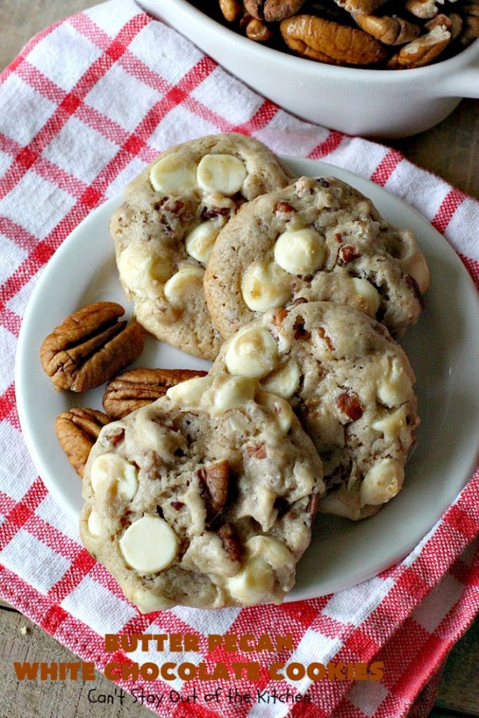 Butter Pecan White Chocolate Cookies | Can't Stay Out of the Kitchen | these delicious #cookies are irresistible. They start with a #ButterPecan #CakeMix & only use 5 ingredients. They will cure any sweet tooth craving you have! Terrific for #tailgating, potlucks & grilling out with friends. #dessert #chocolate #Southern #WhiteChocolateChips #ButterPecanWhiteChocolateCookies #ButterPecanDessert #ChocolateDessert #WhiteChocolateDessert #holiday #baking