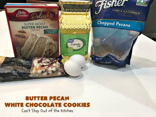 Butter Pecan White Chocolate Cookies | Can't Stay Out of the Kitchen | these delicious #cookies are irresistible. They start with a #ButterPecan #CakeMix & only use 5 ingredients. They will cure any sweet tooth craving you have! Terrific for #tailgating, potlucks & grilling out with friends. #dessert #chocolate #Southern #WhiteChocolateChips #ButterPecanWhiteChocolateCookies #ButterPecanDessert #ChocolateDessert #WhiteChocolateDessert #holiday #baking