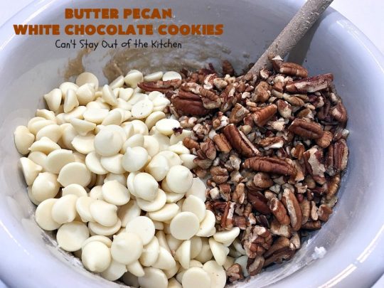 Butter Pecan White Chocolate Cookies | Can't Stay Out of the Kitchen | these delicious #cookies are irresistible. They start with a #ButterPecan #CakeMix & only use 5 ingredients. They will cure any sweet tooth craving you have! Terrific for #tailgating, potlucks & grilling out with friends. #dessert #chocolate #Southern #WhiteChocolateChips #ButterPecanWhiteChocolateCookies #ButterPecanDessert #ChocolateDessert #WhiteChocolateDessert #holiday #baking