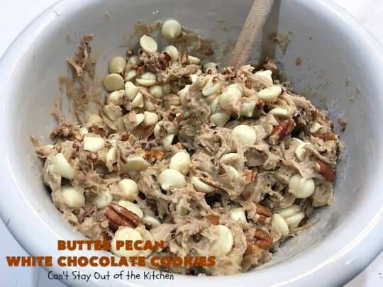Butter Pecan White Chocolate Cookies | Can't Stay Out of the Kitchen | these delicious #cookies are irresistible. They start with a #ButterPecan #CakeMix & only use 5 ingredients. They will cure any sweet tooth craving you have! Terrific for #tailgating, potlucks & grilling out with friends. #dessert #chocolate #Southern #WhiteChocolateChips #ButterPecanWhiteChocolateCookies #ButterPecanDessert #ChocolateDessert #WhiteChocolateDessert #holiday #baking