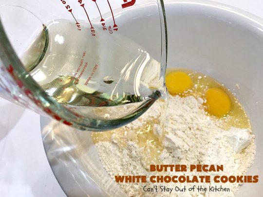 Butter Pecan White Chocolate Cookies | Can't Stay Out of the Kitchen | these delicious #cookies are irresistible. They start with a #ButterPecan #CakeMix & only use 5 ingredients. They will cure any sweet tooth craving you have! Terrific for #tailgating, potlucks & grilling out with friends. #dessert #chocolate #Southern #WhiteChocolateChips #ButterPecanWhiteChocolateCookies #ButterPecanDessert #ChocolateDessert #WhiteChocolateDessert #holiday #baking