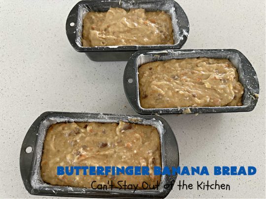 Butterfinger Banana Bread | Can't Stay Out of the Kitchen | No one will be able to resist this outrageous #ButterfingerBananaBread #recipe! It's fantastic for a weekend, company or #holiday #breakfast or #brunch. Every bite is chocked full of #Butterfingers so it has those great #chocolaty & #PeanutButter flavors that everyone loves. The rich, decadent #chocolate icing makes it even better! #SweetBread #ButterfingerCandyBars #ButterfingerCandy