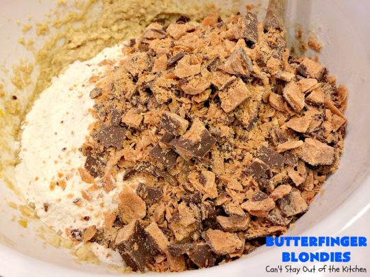 Butterfinger Blondies | Can't Stay Out of the Kitchen | these incredibly outrageous #brownies will have you salivating after the first bite. They are absolutely divine. These #cookies are perfect for #holiday #baking & #Christmas #cookie exchanges. #Butterfingers #ButterfingerDessert #chocolate #caramel #chocolatedessert #ChristmasDessert