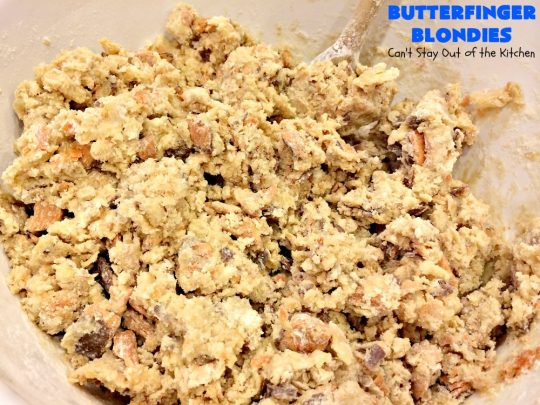 Butterfinger Blondies | Can't Stay Out of the Kitchen | these incredibly outrageous #brownies will have you salivating after the first bite. They are absolutely divine. These #cookies are perfect for #holiday #baking & #Christmas #cookie exchanges. #Butterfingers #ButterfingerDessert #chocolate #caramel #chocolatedessert #ChristmasDessert