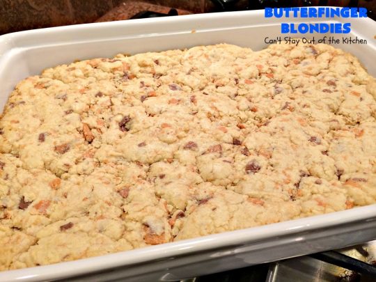 Butterfinger Blondies | Can't Stay Out of the Kitchen | these incredibly outrageous #brownies will have you salivating after the first bite. They are absolutely divine. These #cookies are perfect for #holiday #baking & #Christmas #cookie exchanges. #Butterfingers #ButterfingerDessert #chocolate #caramel #chocolatedessert #ChristmasDessert