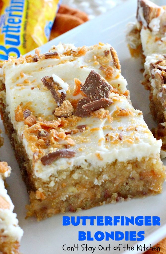 Butterfinger Blondies | Can't Stay Out of the Kitchen | these incredibly outrageous #brownies will have you salivating after the first bite. They are absolutely divine. These #cookies are perfect for #holiday #baking & #Christmas #cookie exchanges. #Butterfingers #ButterfingerDessert #chocolate #caramel #chocolatedessert #ChristmasDessert