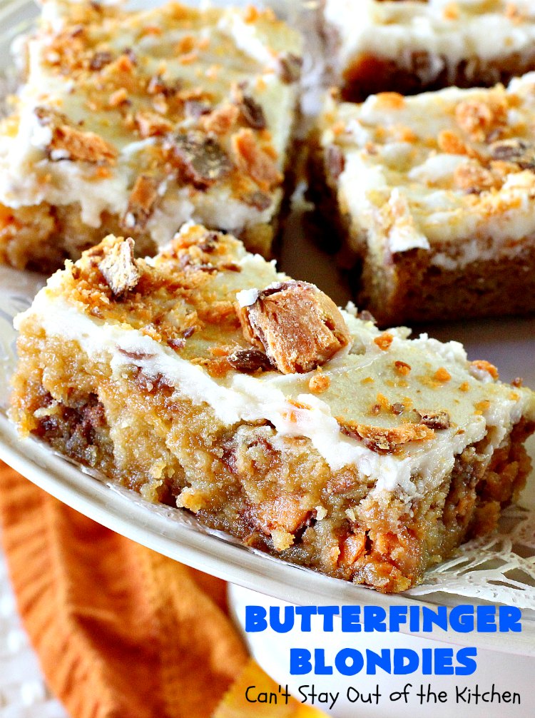 Butterfinger Blondies | Can't Stay Out of the Kitchen | these incredibly outrageous #brownies will have you salivating after the first bite. They are absolutely divine. These #cookies are perfect for #holiday #baking & #Christmas #cookie exchanges. #Butterfingers #ButterfingerDessert #chocolate #caramel #chocolatedessert #ChristmasDessert