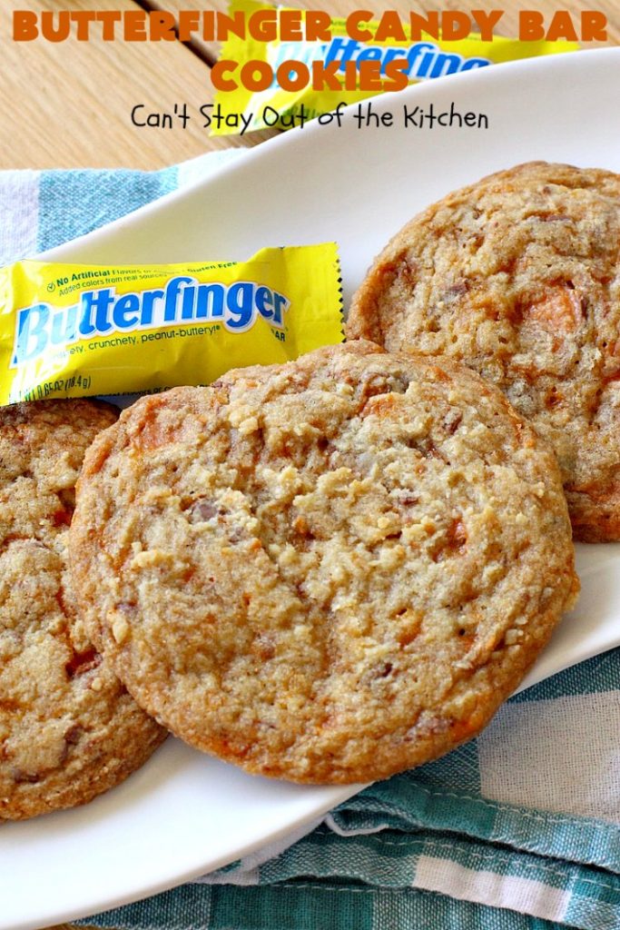 Butterfinger Candy Bar Cookies | Can't Stay Out of the Kitchen | these fantastic #cookies rock! They're filled with chopped #Butterfinger bars so they're absolutely mouthwatering & delicious. Great for #holiday or #tailgating parties or a #ChristmasCookieExchange. #dessert #HowToUseHalloweenCandy #ButterfingerBars #ButterfingerCandyBars #chocolate #ChocolateDessert #PeanutButter #PeanutButterDessert #ButterfingerDessert #ButterfingerCandyBarCookies #HolidayDessert