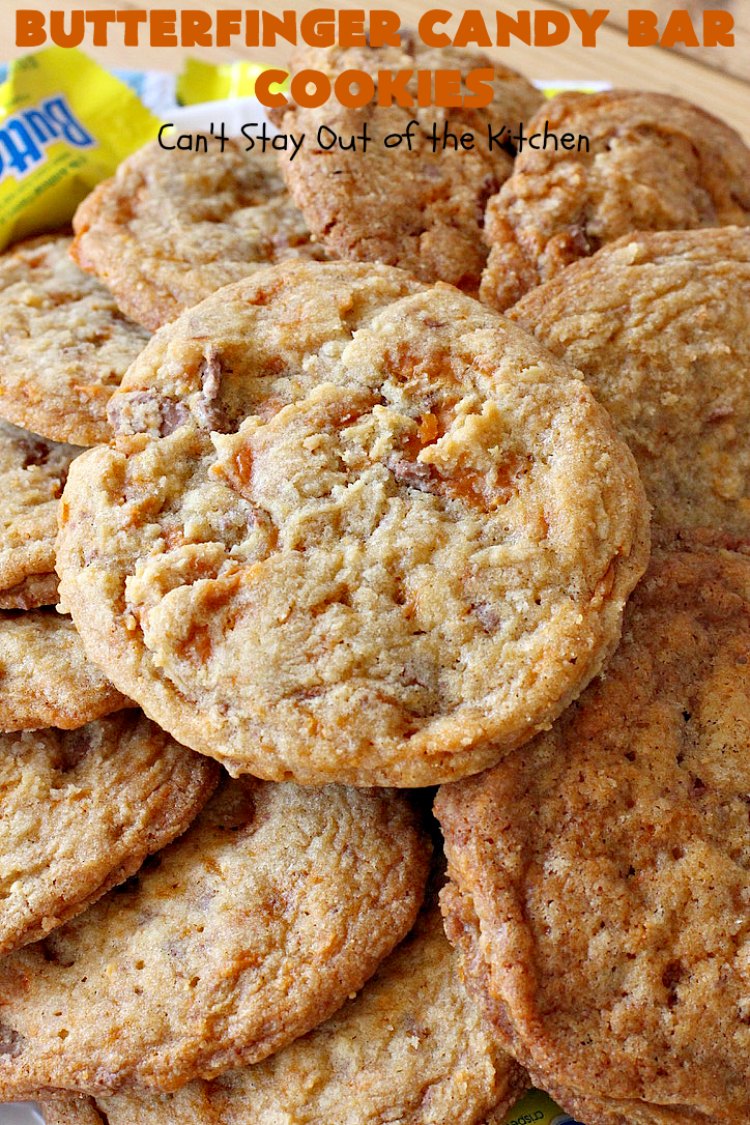Butterfinger Candy Bar Cookies | Can't Stay Out of the Kitchen | these fantastic #cookies rock! They're filled with chopped #Butterfinger bars so they're absolutely mouthwatering & delicious. Great for #holiday or #tailgating parties or a #ChristmasCookieExchange. #dessert #HowToUseHalloweenCandy #ButterfingerBars #ButterfingerCandyBars #chocolate #ChocolateDessert #PeanutButter #PeanutButterDessert #ButterfingerDessert #ButterfingerCandyBarCookies #HolidayDessert