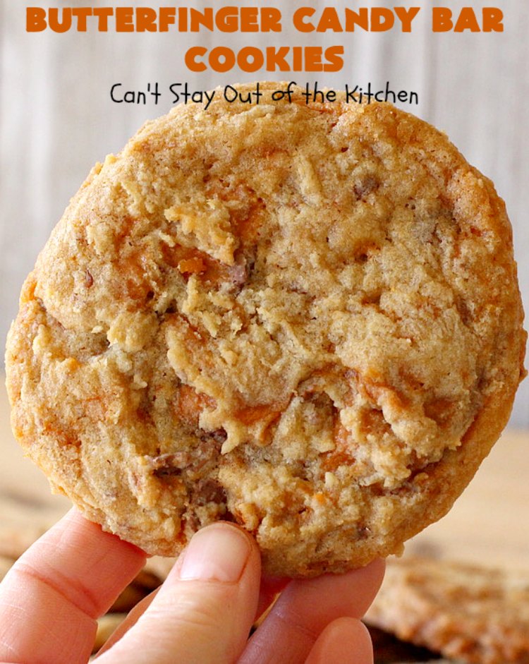 Butterfinger Candy Bar Cookies | Can't Stay Out of the Kitchen | these fantastic #cookies rock! They're filled with chopped #Butterfinger bars so they're absolutely mouthwatering & delicious. Great for #holiday or #tailgating parties or a #ChristmasCookieExchange. #dessert #HowToUseHalloweenCandy #ButterfingerBars #ButterfingerCandyBars #chocolate #ChocolateDessert #PeanutButter #PeanutButterDessert #ButterfingerDessert #ButterfingerCandyBarCookies #HolidayDessert