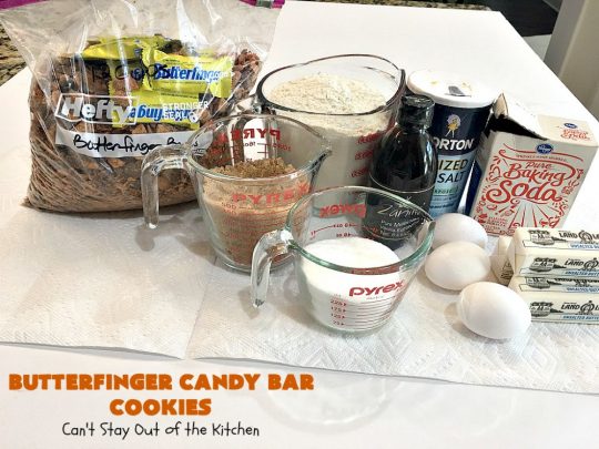 Butterfinger Candy Bar Cookies | Can't Stay Out of the Kitchen | these fantastic #cookies rock! They're filled with chopped #Butterfinger bars so they're absolutely mouthwatering & delicious. Great for #holiday or #tailgating parties or a #ChristmasCookieExchange. #dessert #HowToUseHalloweenCandy #ButterfingerBars #ButterfingerCandyBars #chocolate #ChocolateDessert #PeanutButter #PeanutButterDessert #ButterfingerDessert #ButterfingerCandyBarCookies #HolidayDessert
