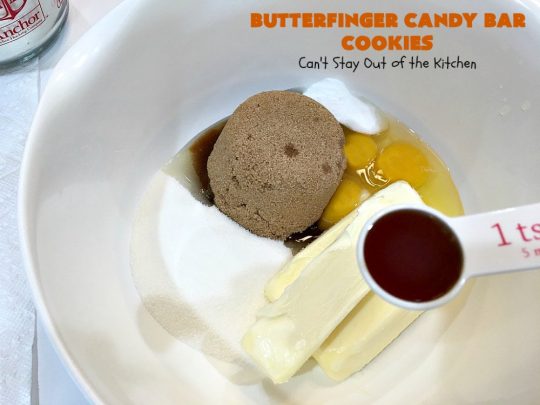 Butterfinger Candy Bar Cookies | Can't Stay Out of the Kitchen | these fantastic #cookies rock! They're filled with chopped #Butterfinger bars so they're absolutely mouthwatering & delicious. Great for #holiday or #tailgating parties or a #ChristmasCookieExchange. #dessert #HowToUseHalloweenCandy #ButterfingerBars #ButterfingerCandyBars #chocolate #ChocolateDessert #PeanutButter #PeanutButterDessert #ButterfingerDessert #ButterfingerCandyBarCookies #HolidayDessert