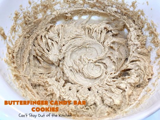 Butterfinger Candy Bar Cookies | Can't Stay Out of the Kitchen | these fantastic #cookies rock! They're filled with chopped #Butterfinger bars so they're absolutely mouthwatering & delicious. Great for #holiday or #tailgating parties or a #ChristmasCookieExchange. #dessert #HowToUseHalloweenCandy #ButterfingerBars #ButterfingerCandyBars #chocolate #ChocolateDessert #PeanutButter #PeanutButterDessert #ButterfingerDessert #ButterfingerCandyBarCookies #HolidayDessert