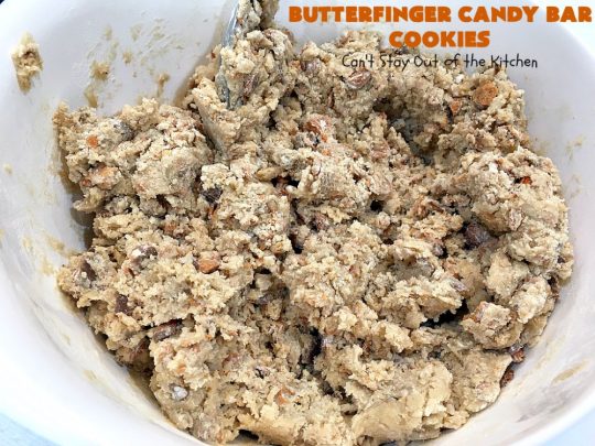 Butterfinger Candy Bar Cookies | Can't Stay Out of the Kitchen | these fantastic #cookies rock! They're filled with chopped #Butterfinger bars so they're absolutely mouthwatering & delicious. Great for #holiday or #tailgating parties or a #ChristmasCookieExchange. #dessert #HowToUseHalloweenCandy #ButterfingerBars #ButterfingerCandyBars #chocolate #ChocolateDessert #PeanutButter #PeanutButterDessert #ButterfingerDessert #ButterfingerCandyBarCookies #HolidayDessert
