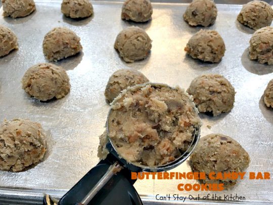 Butterfinger Candy Bar Cookies | Can't Stay Out of the Kitchen | these fantastic #cookies rock! They're filled with chopped #Butterfinger bars so they're absolutely mouthwatering & delicious. Great for #holiday or #tailgating parties or a #ChristmasCookieExchange. #dessert #HowToUseHalloweenCandy #ButterfingerBars #ButterfingerCandyBars #chocolate #ChocolateDessert #PeanutButter #PeanutButterDessert #ButterfingerDessert #ButterfingerCandyBarCookies #HolidayDessert
