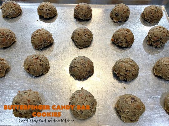 Butterfinger Candy Bar Cookies | Can't Stay Out of the Kitchen | these fantastic #cookies rock! They're filled with chopped #Butterfinger bars so they're absolutely mouthwatering & delicious. Great for #holiday or #tailgating parties or a #ChristmasCookieExchange. #dessert #HowToUseHalloweenCandy #ButterfingerBars #ButterfingerCandyBars #chocolate #ChocolateDessert #PeanutButter #PeanutButterDessert #ButterfingerDessert #ButterfingerCandyBarCookies #HolidayDessert