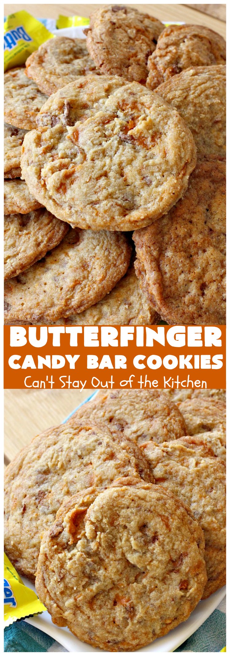 Butterfinger Candy Bar Cookies | Can't Stay Out of the Kitchen | these fantastic #cookies rock! They're filled with chopped #Butterfinger bars so they're absolutely mouthwatering & delicious. Great for #holiday or #tailgating parties or a #ChristmasCookieExchange. #dessert #HowToUseHalloweenCandy #ButterfingerBars #ButterfingerCandyBars #chocolate #ChocolateDessert #PeanutButter #PeanutButterDessert #ButterfingerDessert #ButterfingerCandyBarCookies #HolidayDessert