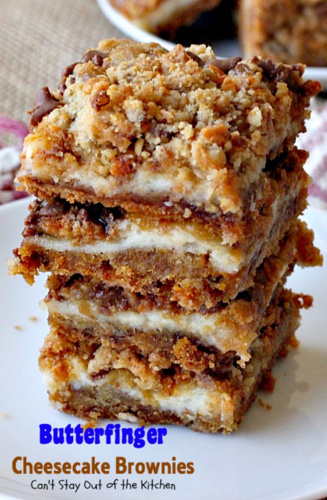 Butterfinger Cheesecake Brownies | Can't Stay Out of the Kitchen | the most scrumptious #cheesecake #brownies ever! These have #Butterfinger baking bits in the #cookie dough. #dessert #chocolate