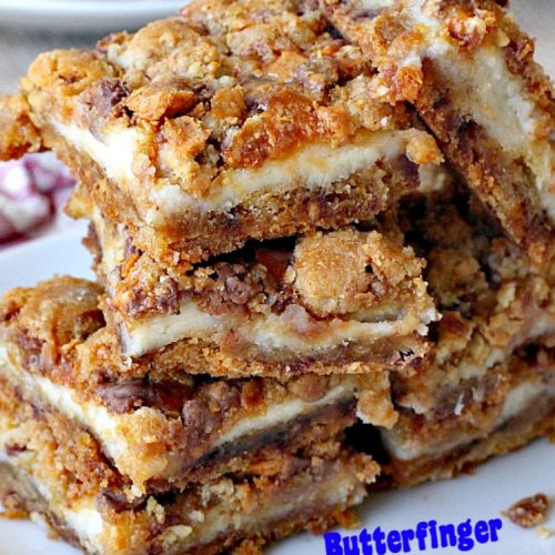 Butterfinger Cheesecake Brownies | Can't Stay Out of the Kitchen | the most scrumptious #cheesecake #brownies ever! These have #Butterfinger baking bits in the #cookie dough. #dessert #chocolate
