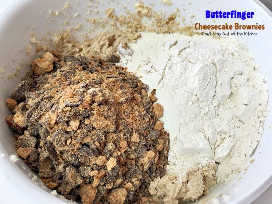 Butterfinger Cheesecake Brownies | Can't Stay Out of the Kitchen | the most scrumptious #cheesecake #brownies ever! These have #Butterfinger baking bits in the #cookie dough. #dessert #chocolate