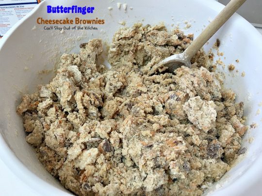 Butterfinger Cheesecake Brownies | Can't Stay Out of the Kitchen | the most scrumptious #cheesecake #brownies ever! These have #Butterfinger baking bits in the #cookie dough. #dessert #chocolate