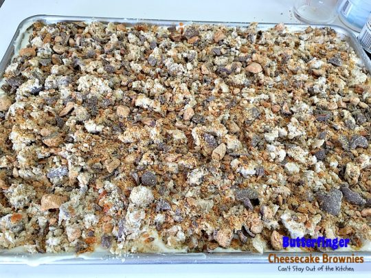 Butterfinger Cheesecake Brownies | Can't Stay Out of the Kitchen | the most scrumptious #cheesecake #brownies ever! These have #Butterfinger baking bits in the #cookie dough. #dessert #chocolate